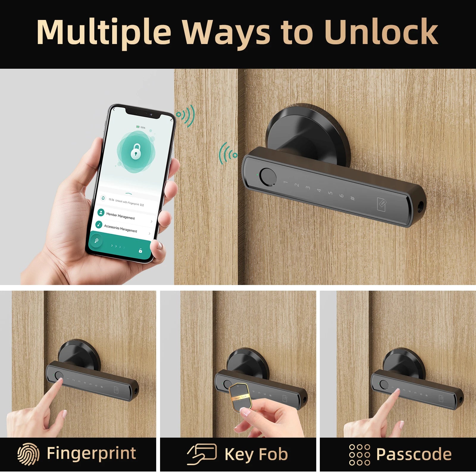 Viladepot Smart Lock Fingerprint, Passcode, Card, App Control, Type-C Emergency Power, Indoor Door Lock