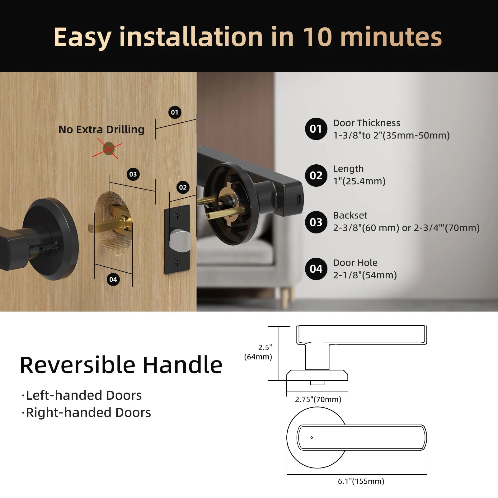 Viladepot Smart Lock Fingerprint, Passcode, Card, App Control, Type-C Emergency Power, Indoor Door Lock