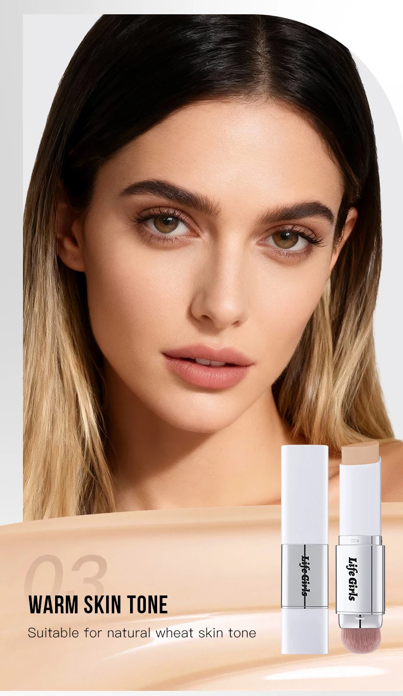 Life Girls Double-Headed Foundation Stick with Brush Long-Lasting Concealer Moisturizer Easy to Smudge Natural Matte Nude Makeup