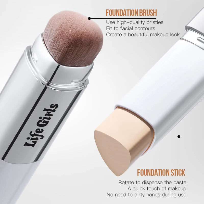 Life Girls Double-Headed Foundation Stick with Brush Long-Lasting Concealer Moisturizer Easy to Smudge Natural Matte Nude Makeup