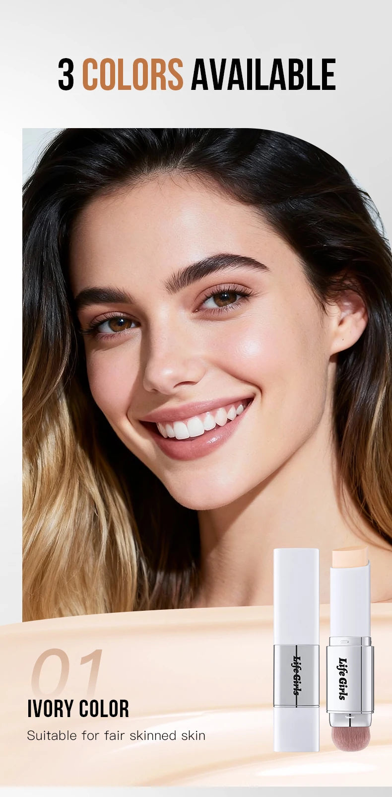Life Girls Double-Headed Foundation Stick with Brush Long-Lasting Concealer Moisturizer Easy to Smudge Natural Matte Nude Makeup