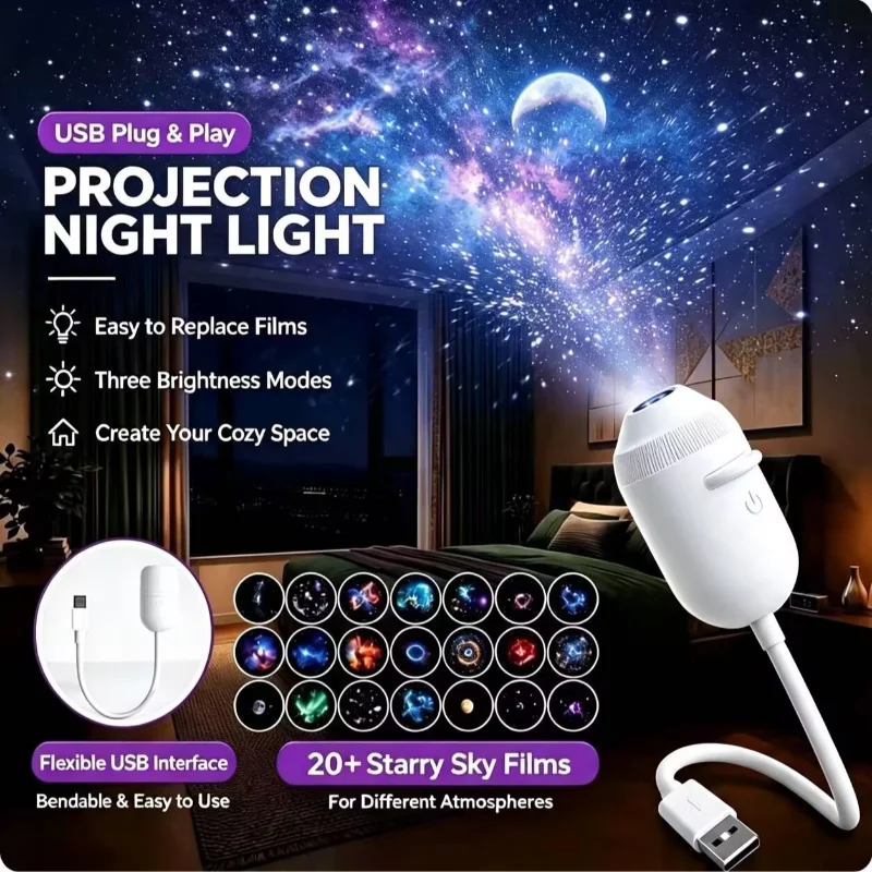 New HD Smart Starry Sky Projector Night Light USB Plug And Play 360° Adjustable Galaxy Atmosphere Lamp For Car Interior Bedroom