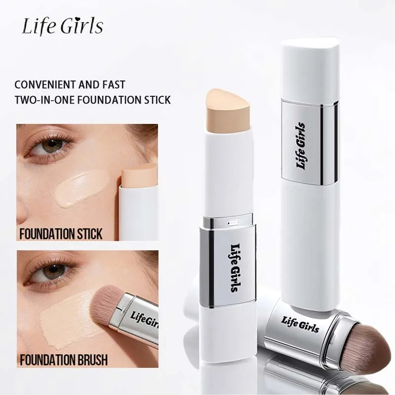 Life Girls Double-Headed Foundation Stick with Brush Long-Lasting Concealer Moisturizer Easy to Smudge Natural Matte Nude Makeup