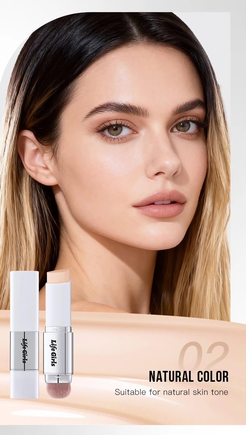 Life Girls Double-Headed Foundation Stick with Brush Long-Lasting Concealer Moisturizer Easy to Smudge Natural Matte Nude Makeup