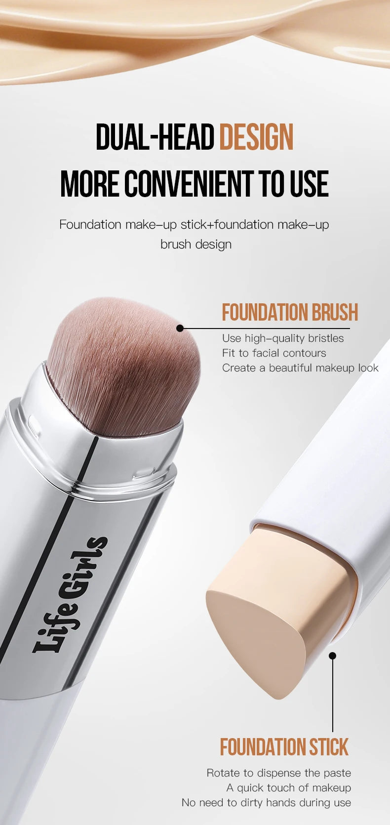 Life Girls Double-Headed Foundation Stick with Brush Long-Lasting Concealer Moisturizer Easy to Smudge Natural Matte Nude Makeup