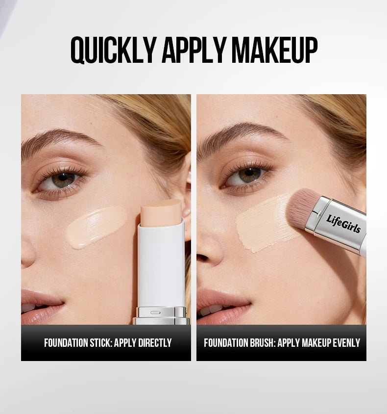 Life Girls Double-Headed Foundation Stick with Brush Long-Lasting Concealer Moisturizer Easy to Smudge Natural Matte Nude Makeup