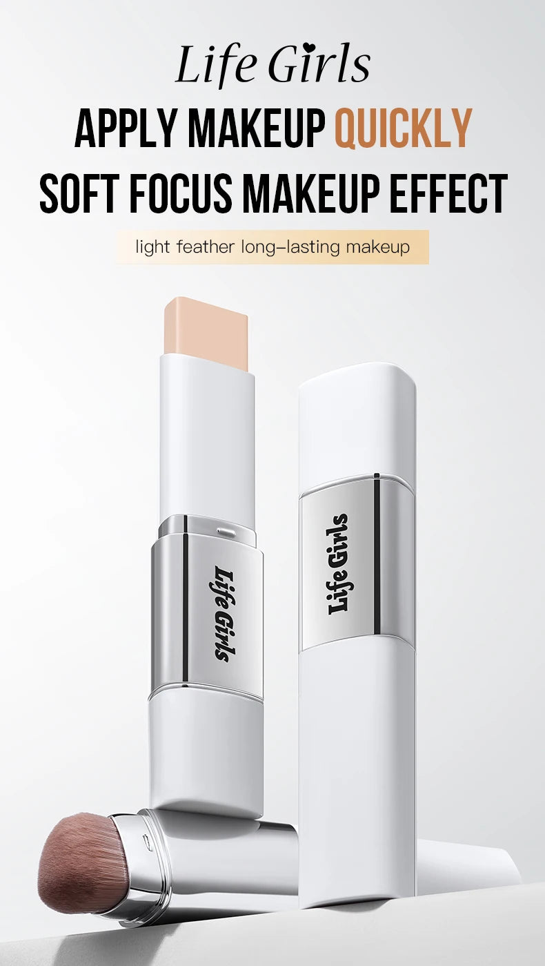 Life Girls Double-Headed Foundation Stick with Brush Long-Lasting Concealer Moisturizer Easy to Smudge Natural Matte Nude Makeup